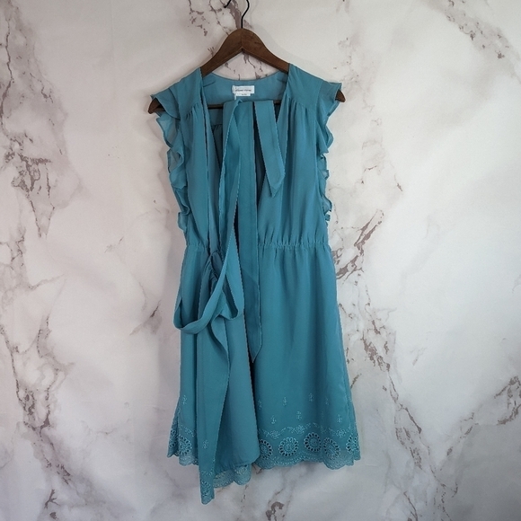 Lovers + Friends Mini Wrap Dress Blue Embroidered V-Neck Flutter Small - Picture 11 of 12